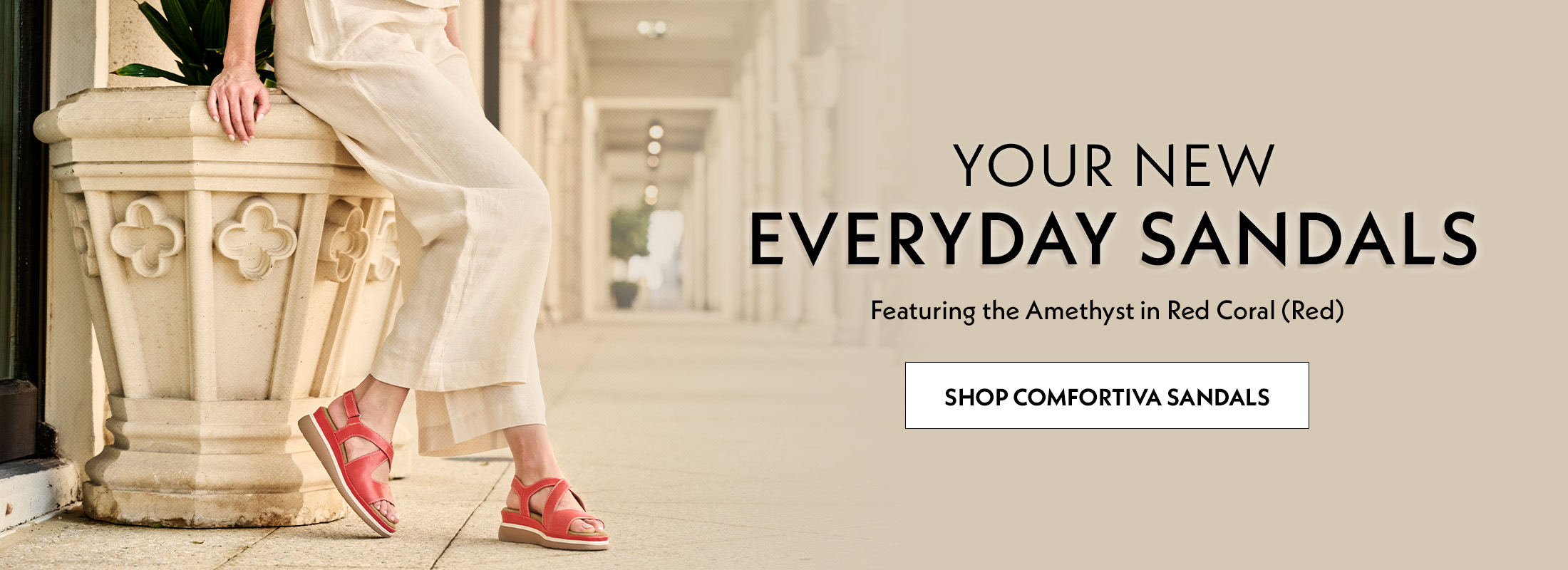 Your new everyday sandals. Featuring the Amethyst in Red Coral (Red). Shop comfortiva sandals. A woman wearing the amethyst sandals in red.